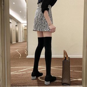 Stövlar Svart Fashion Stretch Socks Woman Slim Long Tube Botas Mujer Square Toe Over-the-Knee Botines Crystal Chunky High Heels