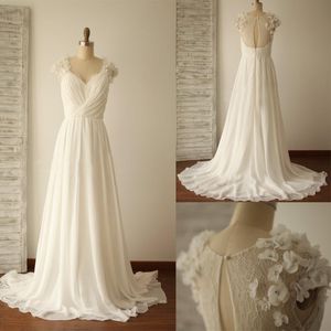 Strandkleider mit 3D Blumenanwendungen Perlen Chiffon Sweep Zug Illusion Rücken Spitze Hochzeit Brautkleid Vestidos de Novia 403