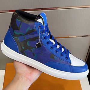 Designer High-Top Sports Shoes Blue Fashion Par Sneakers Cowhide Övre högkvalitativ Färgutskrift Design Holiday Party Club Style Bekväm TPU Yttersula Mens