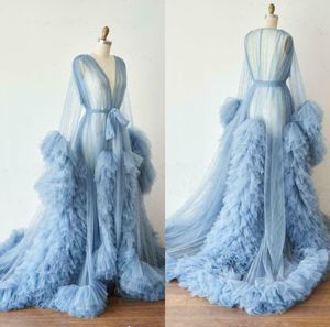 Se genom Sky Blue Evening Dress Tulle Long Robe Formal Prom -klänningar Tiered Ruffles Vestido de Novia