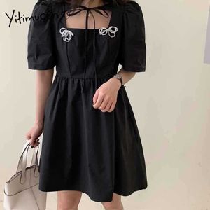 Yitimuceng Bow Lace Up Vestidos para Mulheres Cintura Alta Curta Buff Manga Branco Preto Verão Verão Coreano Moda Vestido 210601