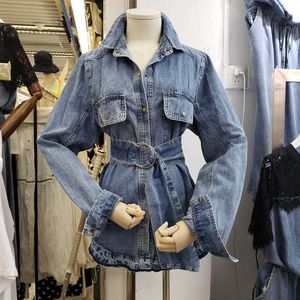Höst nedbrytning krage jeans jacka med bälte casual denim outwear vintage för kvinnor långärmad lös kappa 210531
