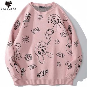 Aolamegs Men Sweater Cartoon Cute Rabbit Strawberry knitted Pullover Sweaters Couple O-Neck Casual Soft College Style Streetwear 211018