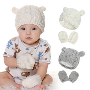 Vinter baby varm stickade hatt handskar uppsättning för tjejer pojkar söt öra solid färg nyfödd beanie cap passa 0-2 månad barn