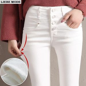 Women Button Skinny Velvet Jeans Womens White Black Winter Stretch Thick Warm Fleece Lined Denim Pencil Pants 2021 Autumn Women's