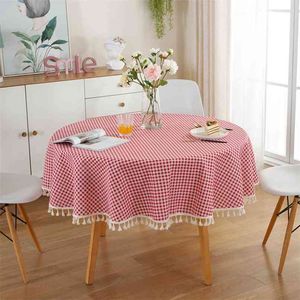 Plaid Round Tablecloth Cover lace Tassel Cotton Linen Picnic Cloth modern table cloth Red Background sweets Decor 210626