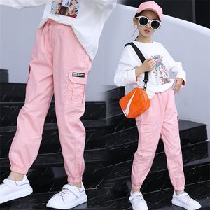 New Fashion Girls Kids Sports Cargo Pants Girls High Waist Pink Sweat Pants Spring Fall Casual Trousers Outerwear For Children 210303