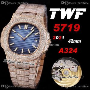2021 TWF 5719 Cal A324 Mens Automático Relógio 18K Rose Diamantes Pavimentados Diamantes D-Blue Texture Dial Gelado Out Bracelete Super Edição Super Edição Jóias Relógios Puretime A01