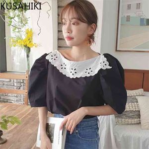 Chic Lace Hook Patchwork Blouse Shirt Korean Puff Sleeve O-neck Womens Tops Summer Elegant Blusas 6J276 210603