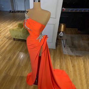 Orange High Split Mermaid Evening Klänningar Klänningar 2021 En axel Elegant Sexig För Kvinnor Party Prom Gowns