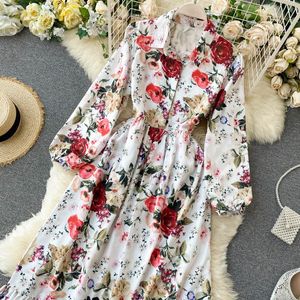 Casual Dresses Women Fashion Rose Autumn Ladies European Long Puff-Sleeve Printed Floral Swing Dress Vestidos de Fiesta