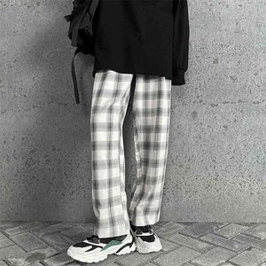 Hybskr masculina casual solta calças retas mulher moda harajuku estilo calças macho preto xadrez branco 210715