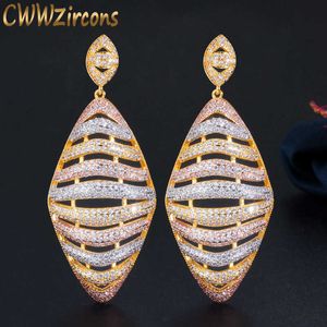 Shiny Long Big Hollow Out Geometric Cubic Zircon 3 Tone Gold Women Engagement Party Earrings Luxury Jewelry CZ673 210714