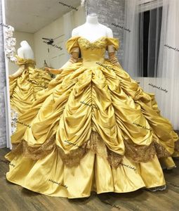Gorgeous Yellow Quinceanera Dresses Off The Ramię Księżniczka Taffeta Gothic Luce-Up Suknia Ball Ruffles Spódnica Słodka 16 Prom Dress
