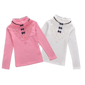 Abbigliamento per bambini Ragazze Dolcevita Camicetta Primavera Autunno Camicia di pizzo con fiocco Felpe a maniche lunghe in cotone Abbigliamento per bambini 210306