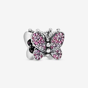 100% 925 Sterling Silver Pink Pave Butterfly Charms Fit Pandora oryginalny europejski Charm bransoletka moda kobiety ślub biżuteria zaręczynowa akcesoria