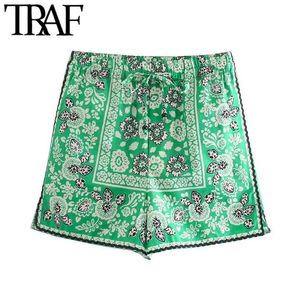 TRAF Women Chic Fashion Side Pockets Floral Print Shorts Vintage High Elastic Waist Drawstring Female Short Pants Mujer 210719
