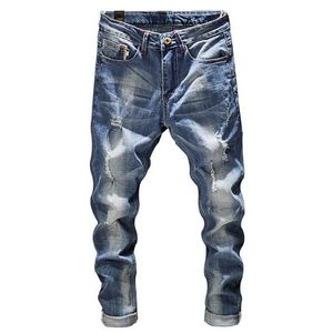 2021 мужские джинсы отверстия потертый хипхоп разорвал светло-голубой тощий стрейч тонкий ногой уличная одежда огорченная мото байкер джинсы мужской джинсовый x0621
