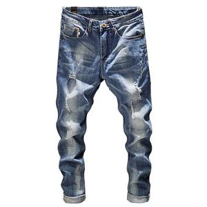 2021 Męskie Dżinsy Otwory Frayed Hiphop Ripped Light Blue Skinny Stretch Slim Leg Streetwear Trochniste Moto Biker Jeans Mężczyzna Denim X0621