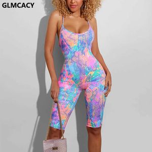 Kvinnor Abstrakt Tryckt Backless Lace Up Playsuits Sexiga Skinny Rompers Summer Party Clubwear 210702