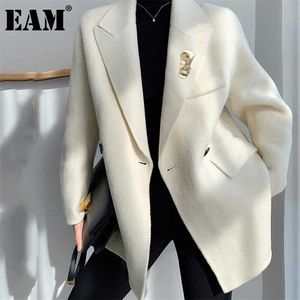 [EAM]ルーズフィットホワイトの白い気温ウールコートパーカー長袖レディースファッション秋冬1DD3859 211106