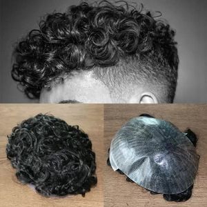 Slitstarkt av svart # 1b Protes Hair Pieces Unit 20mm Curly Men's Wig Human Hair Toupee Tunt Hud PU Male Replacement System