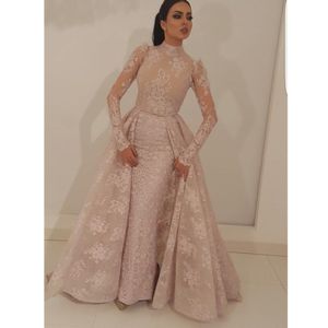 Muzułmańska sukienka Mermaid wysoki kołnierz iluzja Długie rękawy Koronki Dubaja Saudyjska Arabska Korowód Wieczorowa Gown Robe De Soiree Specjalne okazje Suknie