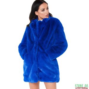 Kvinnor Vinter Lös Fluffig Faux Fur Coat Blå Tjejer Tjock Varm Furry Jacka Windbreaker Fashion Long Overcoat Ladies Kläder Hot Y0829