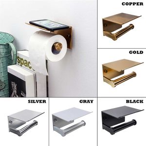 Bathroom Toilet Towel Paper Holder Phone Wall Mount WC Rolhouder With Shelf Rack Tissue Boxes Black 210720