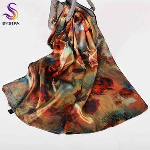 Bysifa | Senhoras Red Poppies Scarves Impresso Moda Elegante Cetim Silk Longo Lenço Xaile 2021 Muslesm Neck Cabeça Cachecóis160 * 70cm