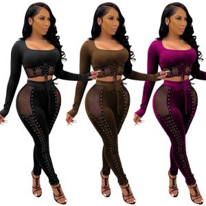 Zoctuo mesh patchwork två styck set mode kvinnor set outfit höst vinter ny sexig bandage perspektiv nattklubb fest kostym y0625