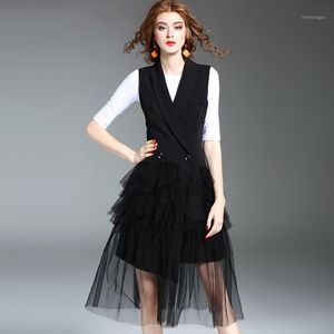 Women's Vests Lace Spliced Vest Waistcoat Ruffles Pleated Women Suit Coat Sleeveless Jacket Tailored Collar Black Female Long Coats