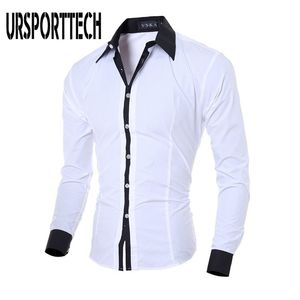 Ursporttech męska koszula Z Długim rękawem Białe Topy Moda Solid Color Casual Shirts Slim Fit Plain Men Odzież Czarna Szary 210721