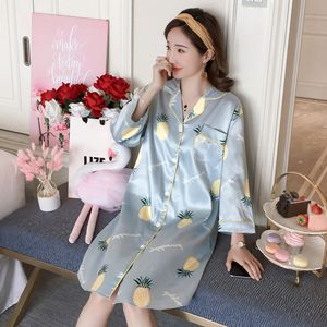 Summer Autumn Silk Womens Sleepwear Sexy Sleepshirt Long Print Ladies Nightgown Young Girl Outwear Nightdress Party