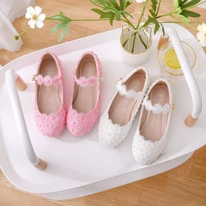 Girls White Pink Lace Wedding Shoes Children Princess Dance Kids Fashion Party Flats Flowers Heels