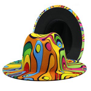 2021 인공 양모 빈티지 낙서 페도라 겨울 가을 재즈 모자 인쇄 타이 염료 패턴 다채로운 와이드 브림 페도라 모자
