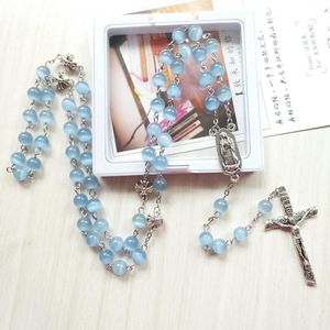 Hänge halsband religiösa Crucifix Cross Our Lady of Guadalupe Chaplet Blue Cat's Eye Opal Beads Chain Rosary Necklace Church Prayer Jewel