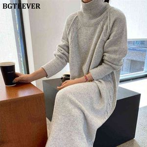 BGTeever Turtleneck Manga Full Manga Oversized Dress Feminino 2021 Inverno Vestidos Casuais Torcido Torcido Mulheres Vestido Sweater G1214