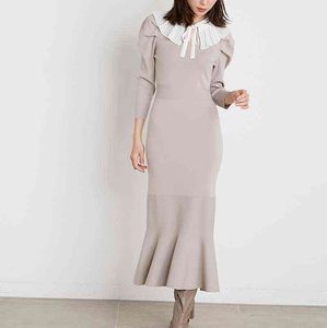 Moda-Kuzuwata Outono Mulheres Robe Japão Estilo Doce Vestidos Destacável Decote Renda Collar Sólida Slim Ruffles Sereia Vestido