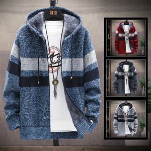 Men's hooded knitwear autumn winter thick fleece sweater coat loose casual large size jacket long sleeve striped cardigan 210929