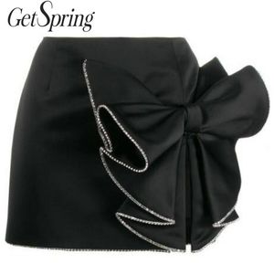 Getpring Women Skirt Chain Black S High Waist Bow Split Mini Wszystkie Match Sexy S Wczesna Wiosna 210601