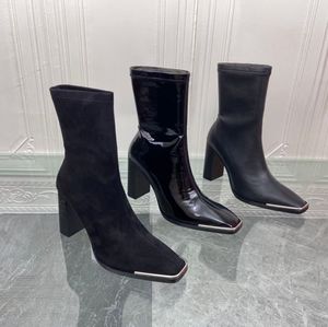 Hochwertige Damen-Stiefel aus echtem Leder, Mode, Metall, flacher Kopf, schwarze High Heels, Luxus-Licht, nackter Stiefel, Show, Party, Hochzeit, dünne Schuhe, Absatz 9,5 cm, Größe 35–40