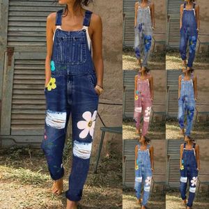 New Summer Women Long Jumpsuits Fashion Flowers Printed Jeans Short Romper Casual Floral Pocket Playsuit Denim Overalls W7Jc#