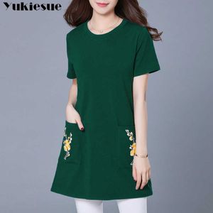 女性のための夏の刺繍半袖女性のTシャツトップの女性T-T-s女性Tee Femme Tops Plus Size 210608