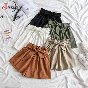 Women High Waist Solid Summer Short Pants Girls Korean Loose Bow Elastic Waist Casual Wide-Leg Shorts 210625