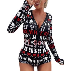 Kadın Moda Noel Mektup Baskı Romper Bodysuit Dalma Kısa Tulum V Boyun Uzun Kollu Rompers 210716