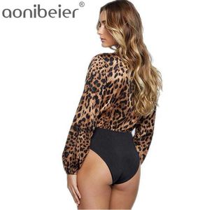 Sexy Wild Style Deep V Front Leopard Print Women Rompers Long Sleeve High Waist Bodysuits Female Short Jumpsuits 210604