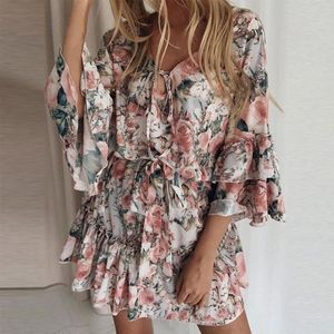 Casual Kleider V-ausschnitt Kurzarm Floral Print Mini Frau Kleid 2021 Sommer Strand Lose Rüschen Für Frauen Plus Größe Femme robe