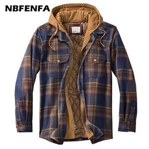 冬の男性のジャケットチェック柄コート男性暖かいパーカーフード付きウインドブレーカーのoutwear全体の服カジュアル緩いスポーツジャケットLX077 211110