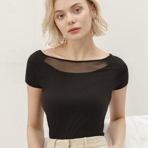 Korean Style Short Sleeve Mesh Patchwork T-shirts Women Sexy Slash Neck Tops Voile See Through T Shirts Female Slim Fit Shirts